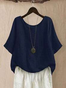 CURVE Blusa casual/diaria/de salida/simple/para viajar de manera relajada/que ilumina, de cuello redondo, de color verde pradera texturizada, talla grande, para primavera/verano - Azul marino - Ver 1