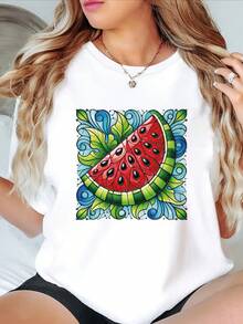 Women's Summer Casual T-Shirt With Vibrant Watermelon Slice Print - Short Sleeve Crew Neck Top, Soft And Comfortable In Black, Perfect For Casual Outfits, All-Season Clothing | Vibrant Print T-Shirt | Comfortable Fit - 白色 - 查看 11