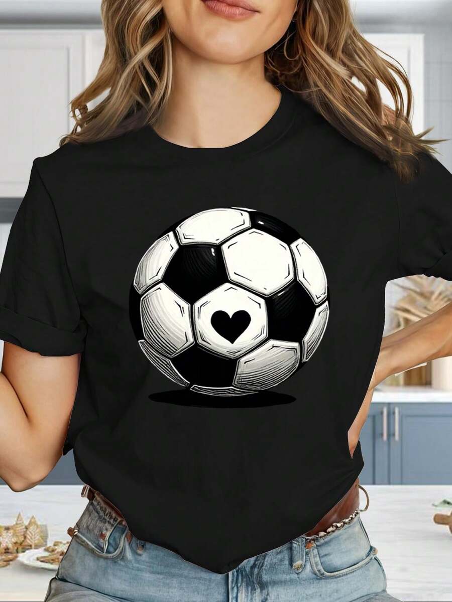 Women's Casual And Stylish T-Shirt With A Football And Heart Print. The Cut Is Adaptable To All Body Types, Suitable For All Four Seasons, Machine Washable, Comfortable, And Very Versatile For Everyday Wear. - Black - View 1