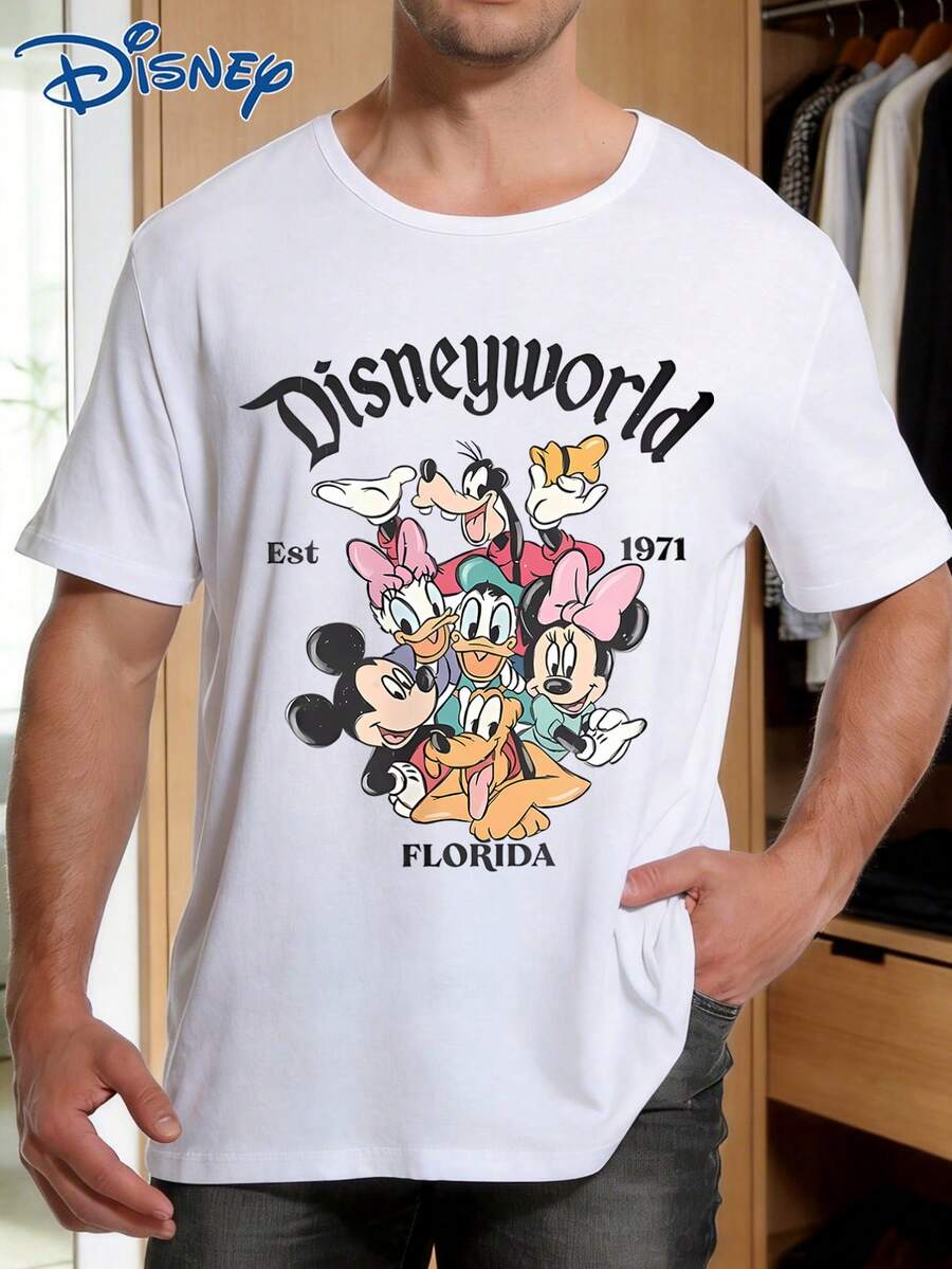 Disney 1件男士宽松短袖T恤,可爱米奇米妮和朋友们卡通印花,圆领弹力面料,适合日常穿着,易打理面料,时尚休闲男士T恤 - 白色 - 查看 1