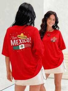 Viva México Sombrero And Flag Printed T-Shirt For Women With Vibrant Details That Celebrate Mexican Culture And Its Festive Spirit. 100% Soft And Comfortable Cotton. Suitable For Spring, Summer And Autumn - 紅色 - 查看 7