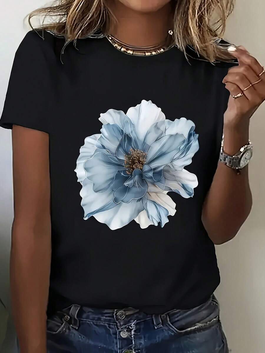 Camiseta casual de verano para mujer, estampado floral vibrante azul y blanco - Manga corta, cuello redondo, tela ligera, perfecta para uso casual, camiseta con estampado floral, camiseta ligera para mujer - Negro - Ver 1