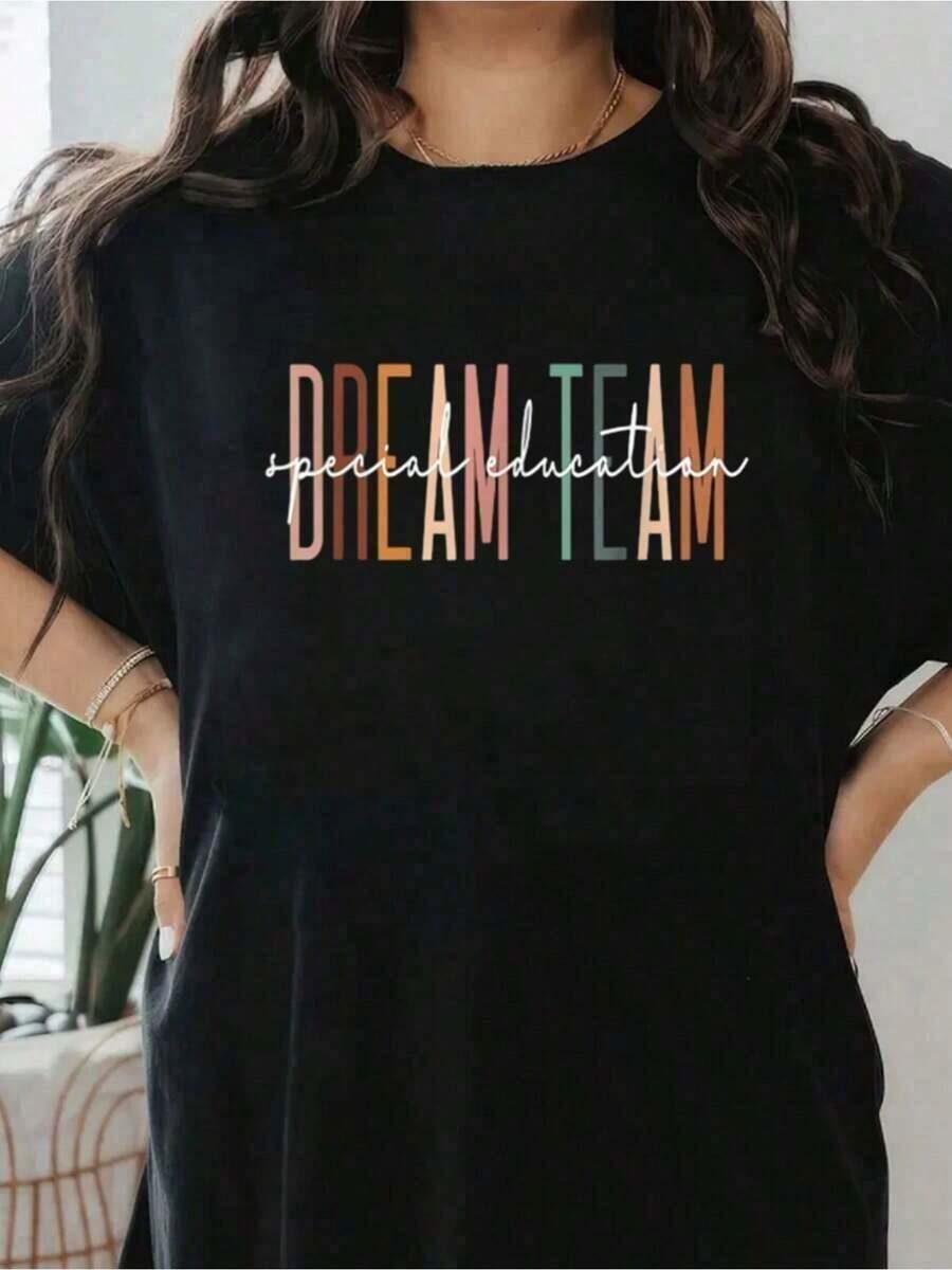Camiseta 100% Algodón con Estampado Divertido "Dream Team Special Ed Team" para Mujer y Niños, Cuello Redondo, Manga Corta, Suave, para Primavera y Verano, Camisetas con Gráficos Divertidos para Mujer, Camiseta Casual de Talla Grande con Cuello Redondo y Manga Corta, Tejido Suave y Transpirable para Fiestas y Regalos, Adecuada para primavera, verano y otoño. - Negro - Ver 1