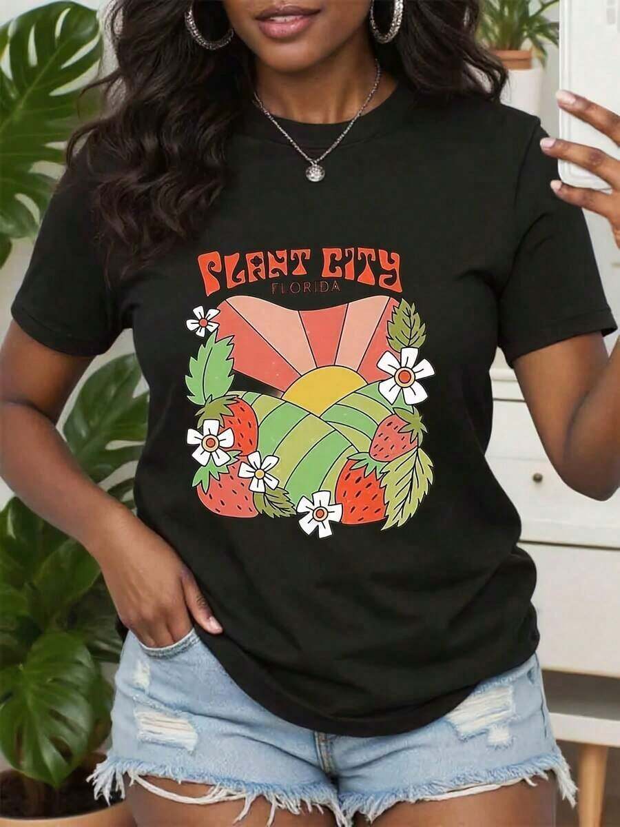Casual Strawberry Print T-Shirt, Colorful Fruit T-Shirt, Fun Strawberry T-Shirt For Summer And Halloween, Cute Berry T-Shirt, Ideal Gifts For Grandma, Mother And Friends, 100% Cotton, Durable - 黑色 - 查看 1