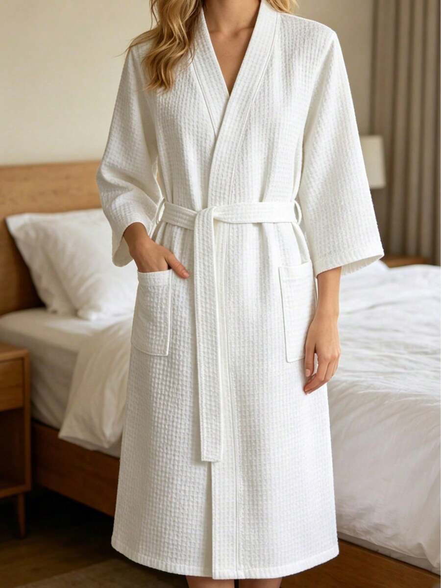 1件女款輕量純棉浴袍 - 舒適華夫格針織和服風睡袍,柔軟吸水,居家、SPA、飯店休閒服,情人節禮物 - 白色 - 查看 1