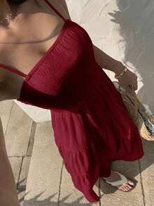 Vestido con escote de tubo plisado de tela texturizada color melocotón claro, con tirantes finos, cintura suelta, estilo relajado para vacaciones - Burdeos - Ver 4
