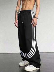 Herren Casual Loose Fit Kontrast Streifen Hose - Schwarz - Übersicht 1