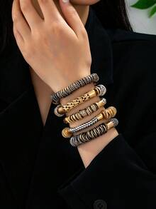 Personalized Punk Style Metal Material Contrast Color Chain Element Women's Charm Elastic Bracelet, Niche Design Suitable For Party/Daily Wear - Antique Silver - View 2