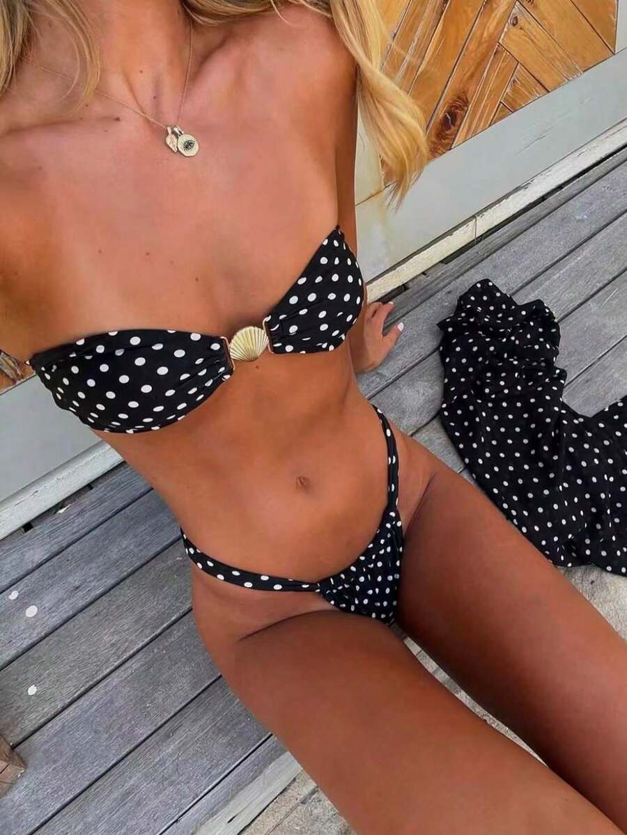 New Strapless Two-Piece Swimsuit With Metal Clasp And White Polka Dot Design, Ideal For Resorts And Hot Springs. - Black Two-piece Set - View 1