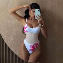 Nuevo traje de baño de una pieza, sexy, sin espalda, de malla multicolor. - Estampado floral rosa - Ver 3