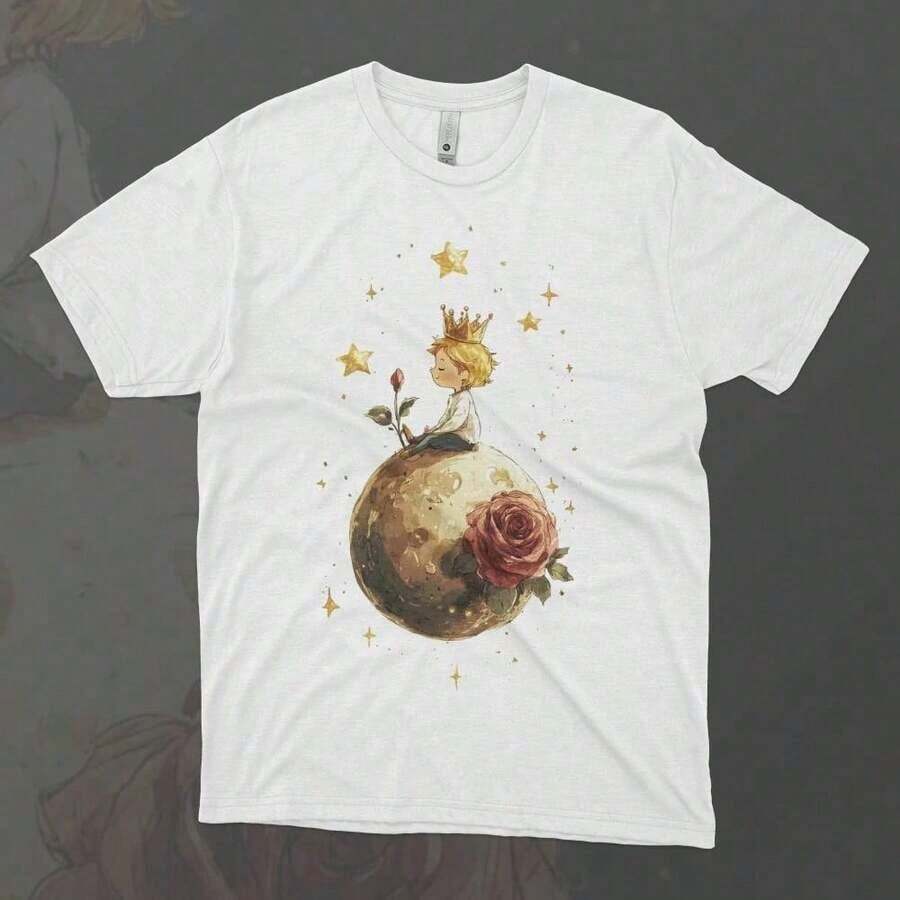 1 Piece Fashion Casual T-Shirt For Men And Women, White Cotton T-Shirt For Women With Unique Planet Graphic Print, Short Sleeve And Round Neck. Versatile, Easy To Match, Suitable For Daily Wear, Urban Style, Vacation Outfits, Weekend Outfits. - 白色 4 - 查看 1