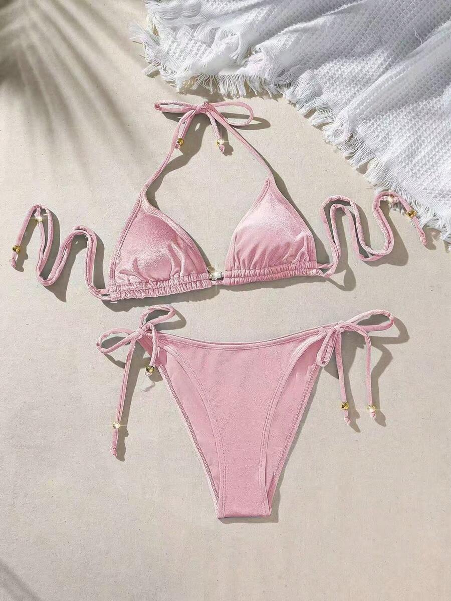 Traje de baño bikini para mujer con cuentas metálicas, de alta calidad, traje de baño de dos piezas en color sólido. - rosa - Ver 1