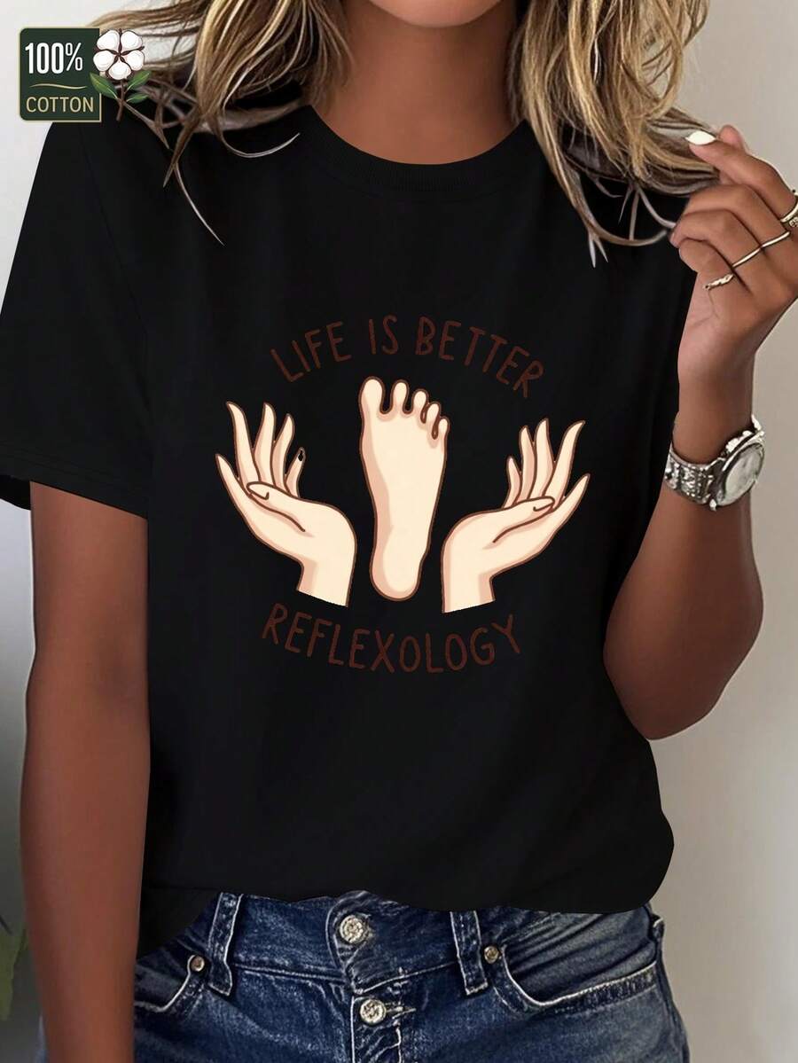 Women's "Life Is Better" Reflexology T-Shirt, Comfortable Fit - Hitam - View 1