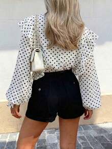 Blusa casual y sexy con estampado de corazón, contraste de color, botones delanteros y volantes/flecos en el bajo para uso en casa y vacaciones - Blanco 2 - Ver 6