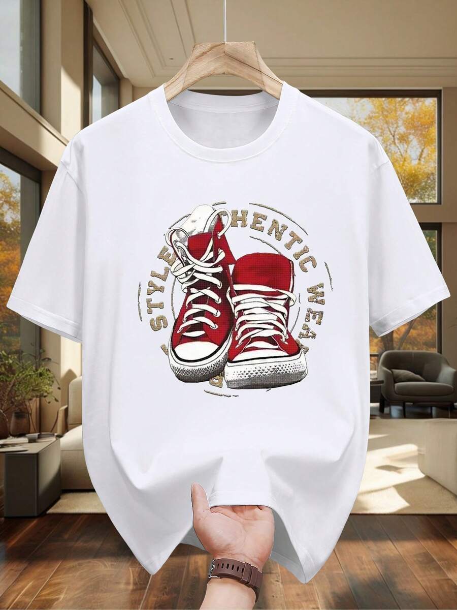 Unisex 100% High-Grammage Cotton T-Shirt, Black, Red And White, With Sneaker Print, Breathable, Summer, Classic, Round Neck, Casual, For Daily Use, Formal, Skateboarding, Urban Wear. - 白色 - 查看 1