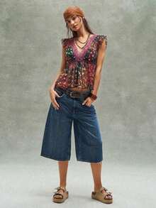 Blusa de verano casual de mujer con cuello en V, mangas cortas y encaje, con estampado floral ditsy para festivales de música, vacaciones y fiestas - Negro - Ver 8