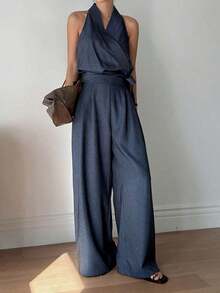 Conjunto de pijama holgado de mujer con cuello en V sin mangas, con lazo lateral, elegante y casual para la ciudad - Azul - Ver 4
