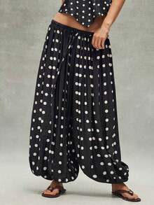 Pantalones sueltos de mujer con cordón y estampado de lunares tejido informal - Blanco y Negro - Ver 5
