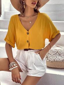Camisa suelta de verano para mujer con botones, mangas cortas de murciélago y cuello en V de unicolor - Mostaza Amarilla - Ver 3