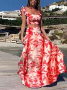 Women's Two-Piece Set With Floral Print Crop Top And Maxi Skirt, Halter Neckline, High Belt, Lightweight And Breathable Fabric Ideal For Beach, Vacation And Summer, Boho Chic Style Perfect For Beach Parties And Resorts - 紅白色 - 查看 4