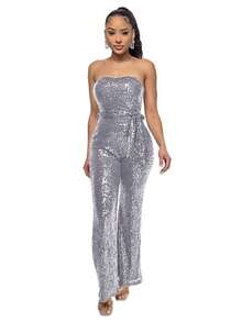 New Women's Jumpsuit, Hot Style, Sleeveless, Sequined, Backless, With Ribbons, Tube Top, Sexy Design, Perfect For Photoshoots, Nightclubs, Parties And Evening Looks - 灰色 - 查看 6