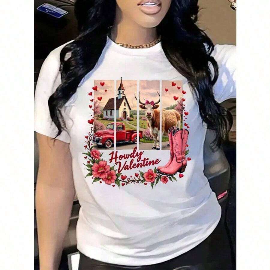 ropa de mujer Camiseta de Mujer con Estampado de Vaquera del Oeste - Manga Corta, Cuello Redondo, Estilo Casual con Diseño de Botas y Caballos, Cactus Rosados y Corazones Rojos - Texto Vaquera San Valentín/Howdy - Camiseta Blanca para Primavera, Verano, Otoño, para Fiestas Temáticas del Campo, Atuendos de Rancho, camisas de mujer - Blanco - Ver 1