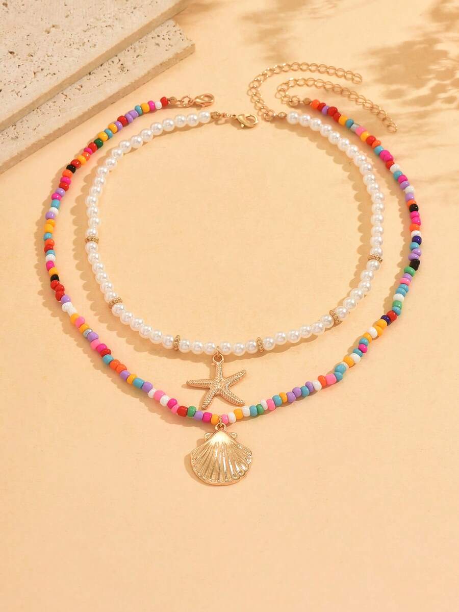 2pcs Bohemian Style Colorful Beaded, Faux Pearl, Shell & Starfish Pendant Necklace, Layered Choker For Girls, Beach Vacation, Random Bead Colors - Multicolor - View 1
