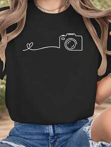 Camiseta de manga corta con cuello redondo para mujer, con estampado geométrico de latidos del corazón, 180g, 100% algodón. - Negro - Ver 7