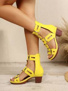 Women's Hollow Geometric Pattern Metal Rivet Chunky Heel Roman Sandals, Gladiator Sandals, Summer Shoes - Yellow - View 7