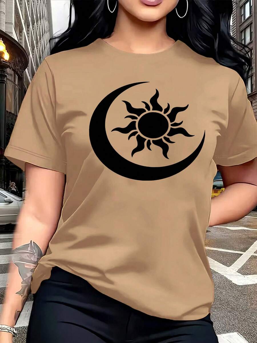 Camiseta de manga corta con cuello redondo y estampado de sol y luna para mujer - Estilo deportivo casual, corte holgado, 95% poliéster 5% spandex 180g, diseño estampado, primavera/verano, moderna y cómoda, a la moda y fácil de combinar, transpirable y cómoda, versátil. - Caqui - Ver 1