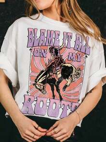 ropa de mujer, Estampado de Rodeo Occidental, Diseño Retro de Vaquero a Caballo "Blame It All On My Roots", Estilo Vintage Rosa, Camiseta Curvy de Manga Corta 100% Algodón, Camisetas Gráficas para Mujer, Tops de Verano, Camisas de Mujer - Blanco - Ver 6