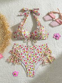 Women's Two-Piece Bikini, High Waist With Ruffles And Floral Print – Fresh And Sweet Style - White - View 9