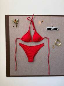 Nuevo Bikini Sexy de Color Sólido con Textura Acanalada, Traje de Baño de Dos Piezas para Mujer - Rojo - Ver 12