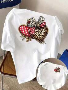 Camisetas Breathonic de Tallas Grandes para Mujer - Camisetas de Poliéster de Manga Corta para Uso Diario o Deportivo, Camiseta de Manga Corta con Paneles Frontales y Traseros - Estampado de Corazón de Leopardo, Estampado de Corazón a Cuadros - Camiseta Estampada de Primavera/Verano para Mujer, Artículo de Moda Transpirable y Cómodo - Blanco - Ver 11