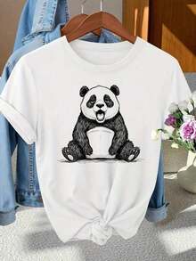 Camisetas de manga corta de talla grande, suaves y transpirables para mujer - Tops casuales de corte holgado para uso diario, camiseta de mujer, estampado de panda en la parte delantera y trasera, mangas cortas a la moda con estampado de panda de dibujos animados, diseño único de doble cara, ropa diaria para mujer - Camiseta casual de cuello redondo, ajuste cómodo, adecuada para actividades casuales y deportivas. Transpirable y cómoda. - Blanco - Ver 11