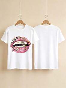 Camiseta Gráfica con Labios Rosados Brillantes para Mujer – Cuello Redondo Oversize, Estampado de Cruz con Joyas y Piedras Preciosas, Estética Glam Y2K Atrevida, Corte Cómodo y Relajado, Perfecta para Eventos Casuales, Salidas Nocturnas, Camiseta de Impacto para Ella, Diseño Brillante de Inspiración Retro, Tallas Grandes Disponibles, Camiseta de Moda Llamativa para Marcadores de , Transpirable y Cómoda. - Blanco - Ver 12
