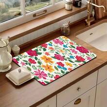 1PC Colorful Floral Pattern Multifunctional Drying Mat, Rubber Material, Heat Insulating Anti-Slip Washable, Polyester Absorbent Countertop Protector, Suitable For Kitchen, Dining Table Decor Mat, Dishwashing Mat, Washing Machine And Coffee Machine Mat, Bathroom Sink Coaster, Kitchen Accessories, Party Supplies - Colorful Little Flowers - View 6