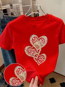 [Circle]Women's Casual T-Shirt, Pink Diamond Heart Print T-Shirt, Sweet And Understated Luxury Style, Gift, Casual Round Neck Top, Breathable, Lightweight And Comfortable, Suitable For Spring And Summer Wardrobes - Unisex Urban Style Vintage T-Shirt, Loose Fit, Cotton, Short Sleeve And Round Neck - 紅色 - 查看 1