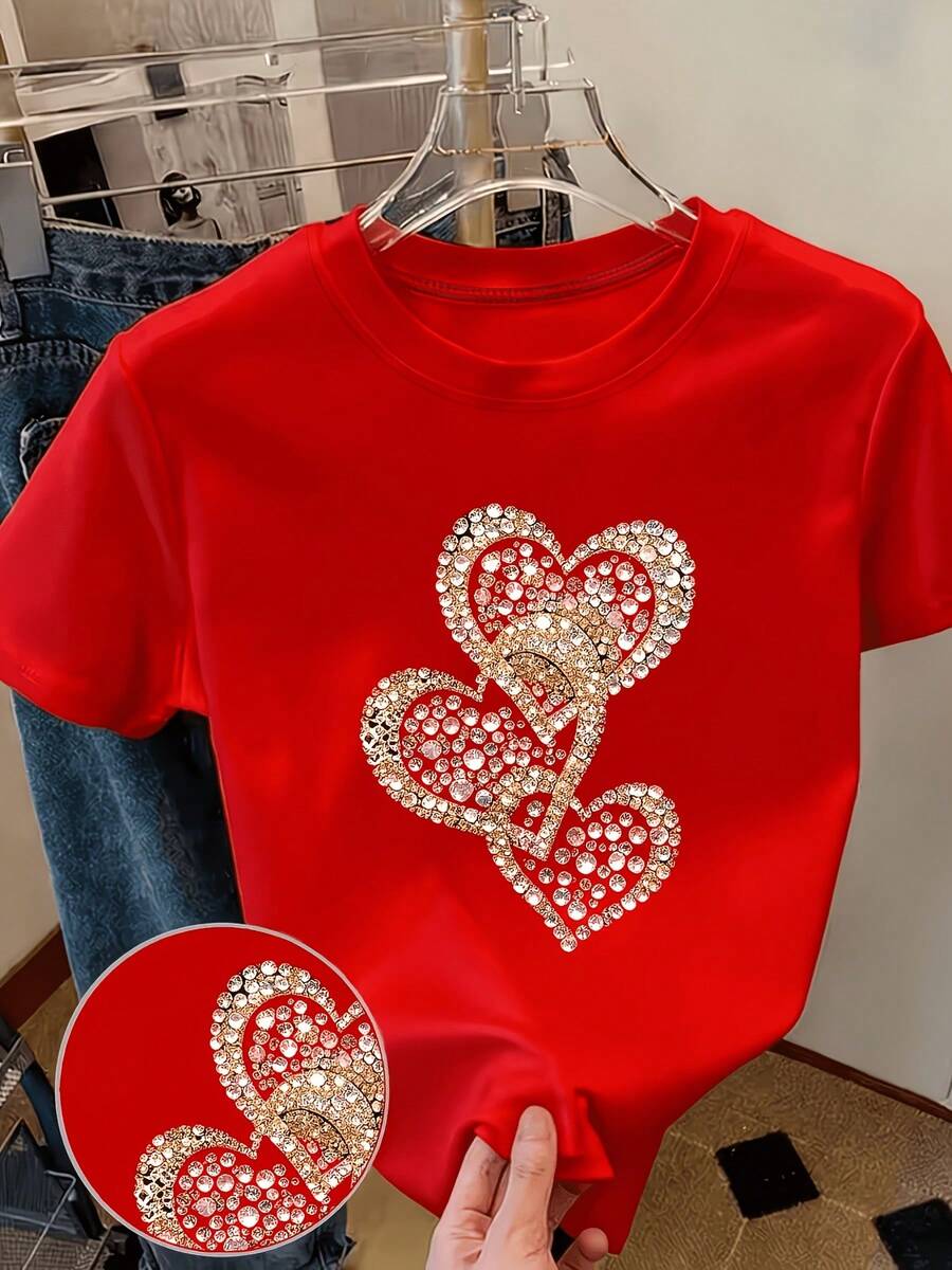[Circle]Women's Casual T-Shirt, Pink Diamond Heart Print T-Shirt, Sweet And Understated Luxury Style, Gift, Casual Round Neck Top, Breathable, Lightweight And Comfortable, Suitable For Spring And Summer Wardrobes - Unisex Urban Style Vintage T-Shirt, Loose Fit, Cotton, Short Sleeve And Round Neck - 紅色 - 查看 1