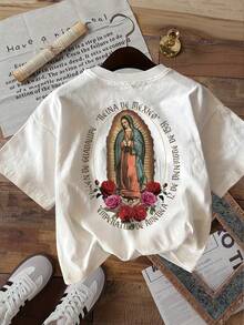 Limited EditionDouble-Sided Print Summer Casual Women's Top, Vintage Style, Our Lady Of Guadalupe Of Roses Print, Round Neck Short-Sleeved-Shirt, 1Lightweight Cotton - 杏色 - 查看 8