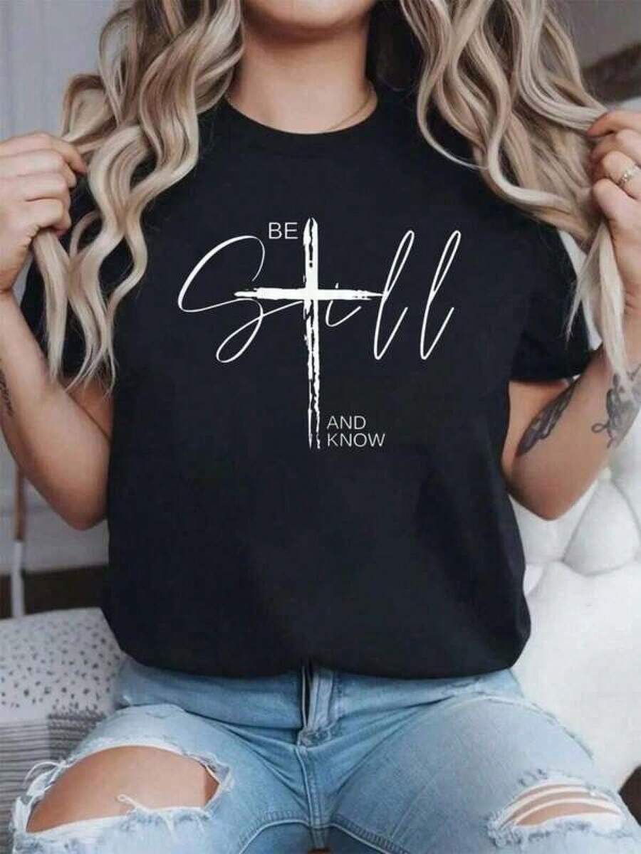 Camiseta unisex de manga corta, BeTodavíaYSabesInspiradorCristianoJesúsCamisetaParaWoWomenImprimirCamisasImprimirTripulaciónCuelloCamisetaMujeresGráficoTCamisas,InformalCortoMangaCamisetaParaPrimavera&Verano,MujeresPlayeras de ropahombre, , , Dazymujer,romwehombres, bohochic,maestrasregalos,camisetaparaconjuntos de mujercon curvasparamu,y2k, - Negro - Ver 1