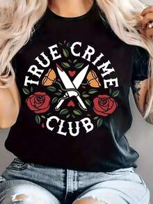 Camiseta de Mujer   Camiseta de Mujer Talla Grande con Estampado "True Crime Club" - Negra, Cuello Redondo, Manga Corta, Top Casual de Punto con Diseño de Rosa y Tijeras, Cómoda para Todas las Temporadas, Ropa Casual|Camiseta con estampado gráfico|Tela Elástica - Negro - Ver 6