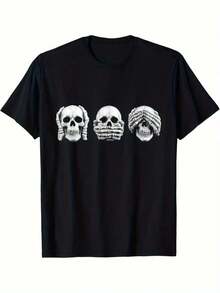Camiseta de hombre con dise￱o de calavera inspirada en la cultura japonesa "No ver, no o￭r, no decir," estilo retro casual, manga corta y cuello redondo, corte regular, c￳moda para todas las estaciones.blusas para mujer playeras de mujer vestidos casuales para mujer y2k playeras deportivas para mujer verano camisetas ropa de mujer Fashion Perfect For Daily - Negro - Ver 6