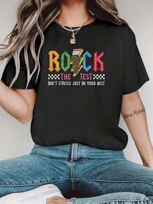 Women's Black Graphic T-Shirt "Rock The Test" - Colorful Neon Letter Print, Casual Short Sleeve T-Shirt For Spring And Summer, Lightweight Polyester Blend, Perfect For Casual Outfits. - 黑色 - 查看 8