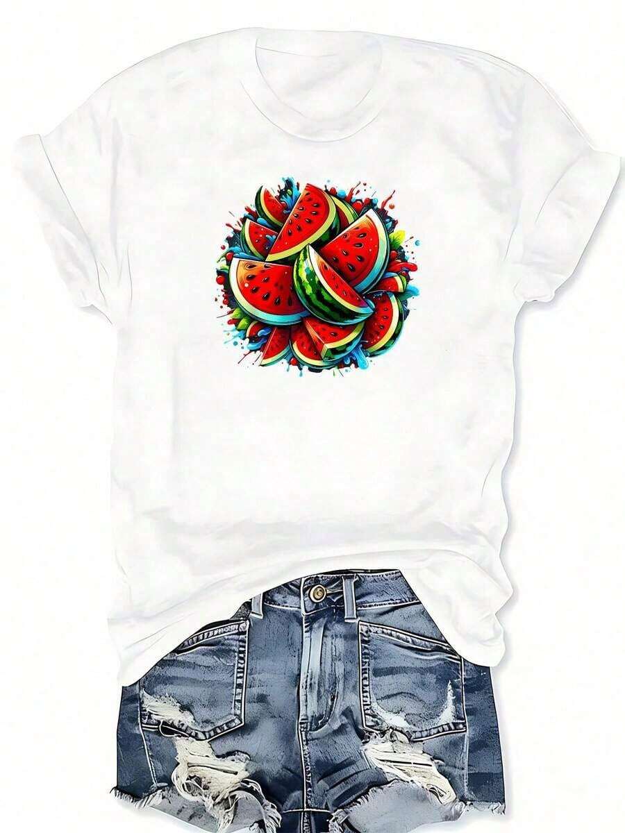 Casual T-Shirt With Tropical Fruit Graphic Print And Colorful Watermelon Ink For Fruit Lovers, Casual Short Sleeve T-Shirt For Spring And Summer, Plus Size Clothing For Women, 100% Cotton, Durable - 白色 - 查看 1