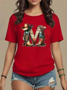 NewSummerCasualLetra M con botas de vaquero sombrero y cuerda que simbolizan el espíritu  la tradición del oeste camiseta para mujer 100% algodón cómoda y suave ideal para un look casual auténtico-Vintage Street Style Unisex Loose Cotton Short Sleeve Crew Neck T-Shirt - Rojo - Ver 6
