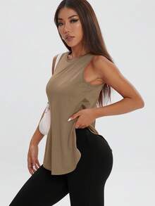 1pc Women's Casual Loose Sleeveless T-Shirt, Side Slit, Comfortable Workout Top, Spring/Summer Sports - Khaki - View 5