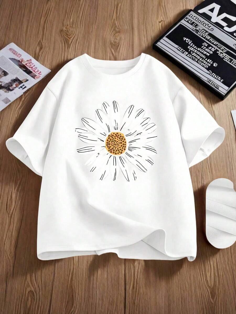 Camiseta de manga corta para mujer, camiseta de cuello redondo para niñas, casual y cómoda, 95%, camiseta estampada - Blanco - Ver 1