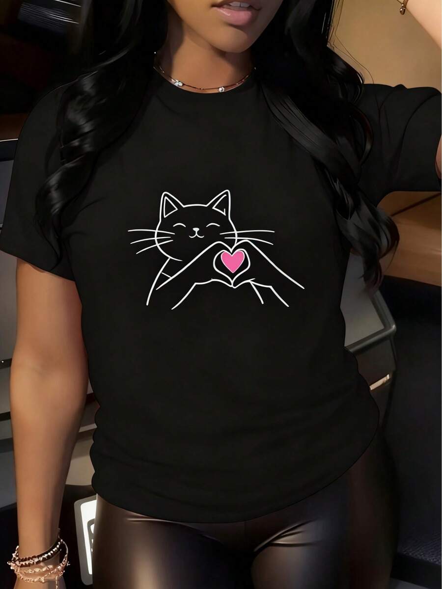 Camiseta de pijama de manga corta estampada para mujer, ideal para vacaciones de verano, con un lindo estampado de gato de dibujos animados, cuello redondo, top de manga corta para mujer, camiseta estampada casual de verano para uso en casa. - Negro - Ver 1