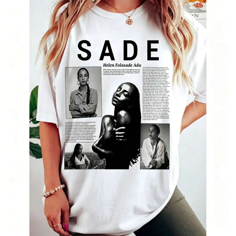 Camiseta de Cuello Redondo con Estampado Gráfico Vintage Sade para Mujer, Camiseta de Manga Corta Casual y a la Moda para Uso Diario, Ropa de Verano para Damas, Blusas para Salir, Ropa de Mujer, Ropa Vintage - Blanco_2 - Ver 1